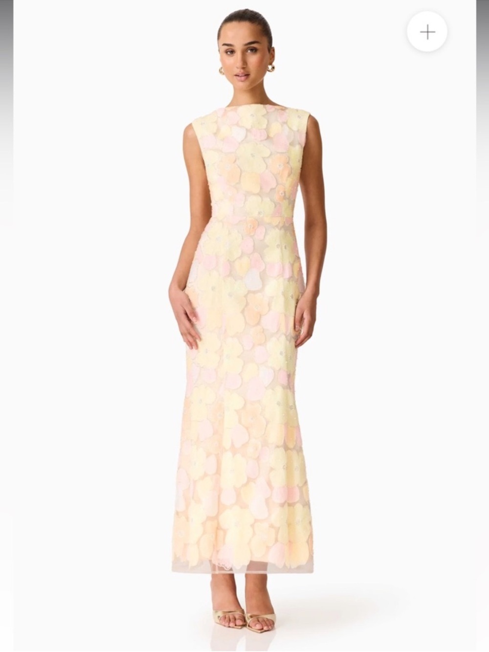 elliatt zaria yellow & pink 3d floral embroidered mesh maxi gown dress medium